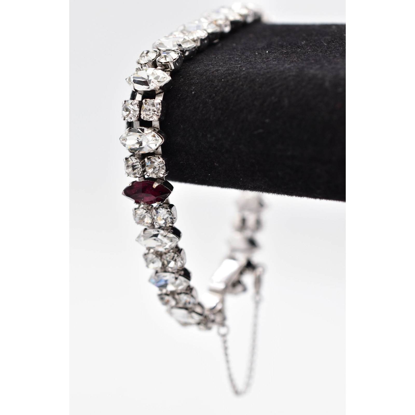 Vintage Rhinestone Tennis Bracelet Purple Marquise Crystal Silver 1960s Binbr